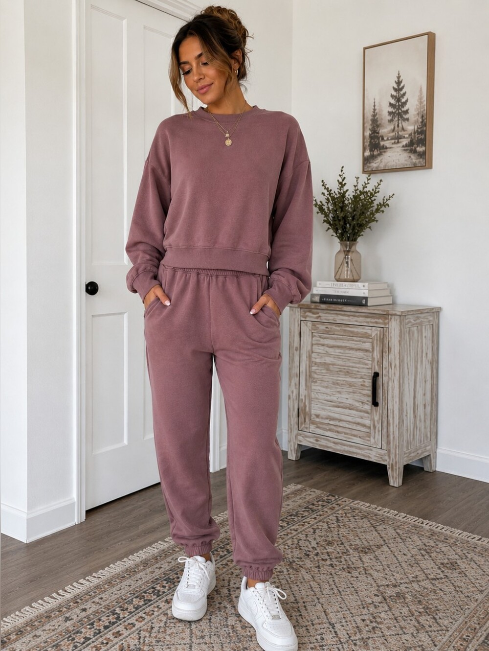Bozzolo Mauve Fleece Lounge Set Size Large NWOT Sweatshirt & Jogger Sweater Set